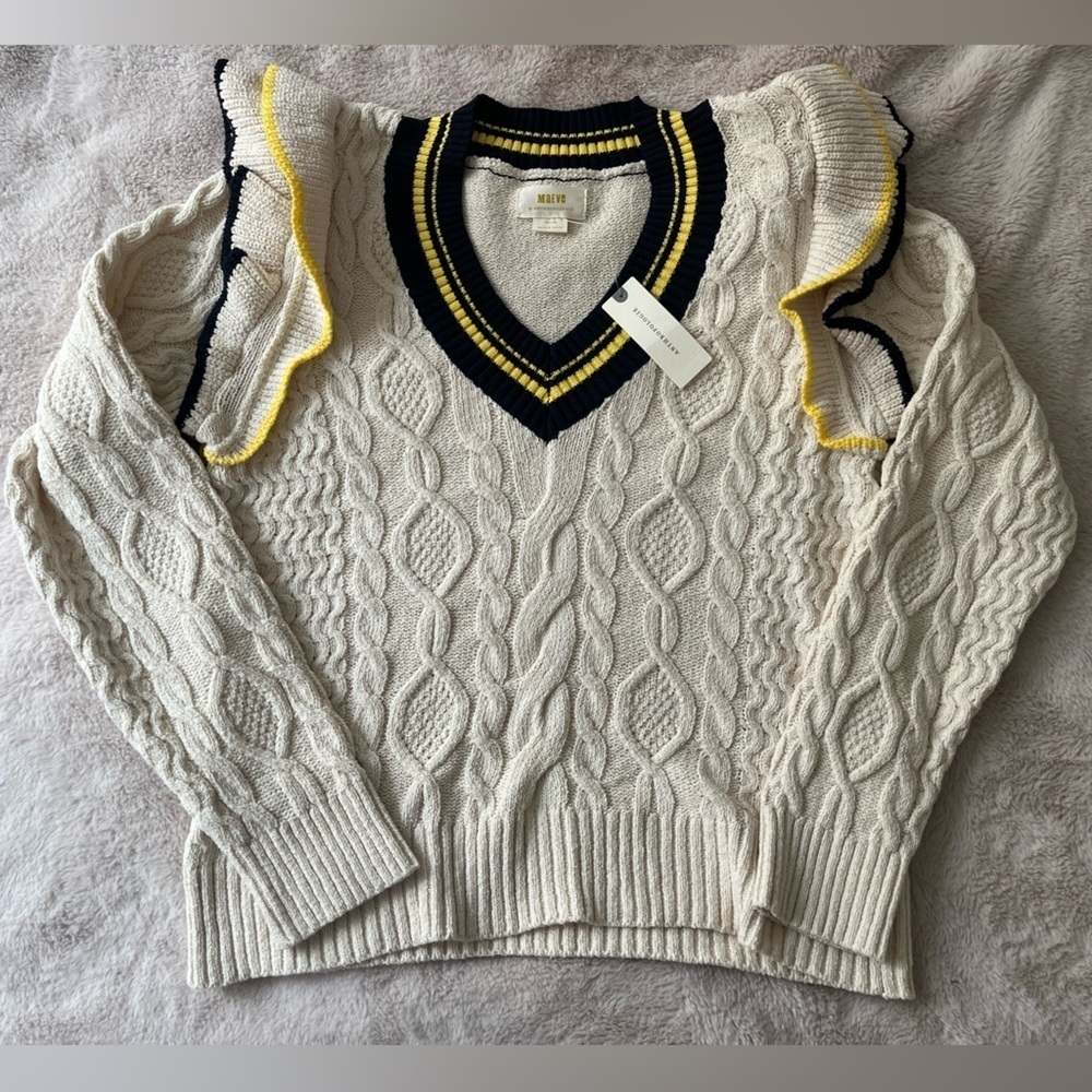 NWT Anthropologie Maeve Ruffle V-Neck Cable Sweater Size M - Picture 9 of 13